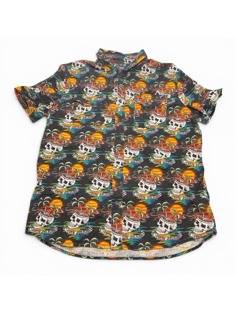 TRUE RELIGION Mens Skull Wave Utility Shirt Button Down Black XL Y2K